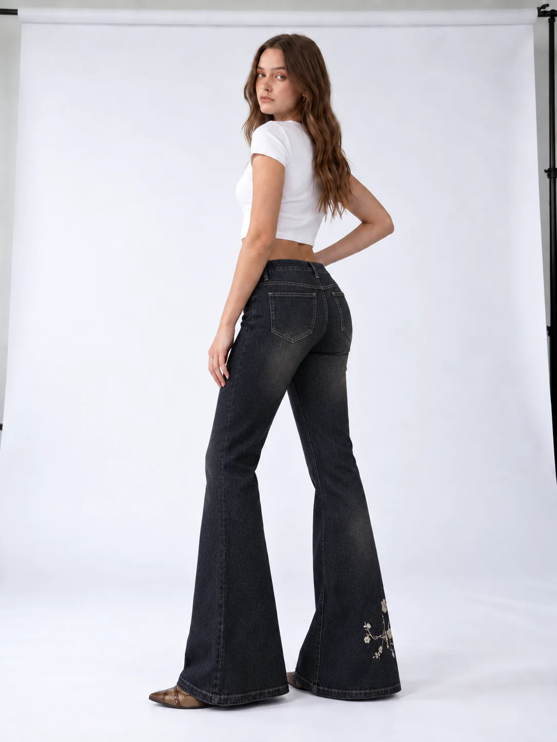 Onyx Blossom Flare Jeans on model 7