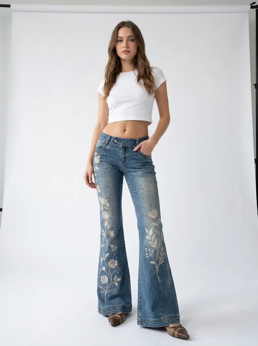 Wildflower Embroidered Flare Jeans on model 5