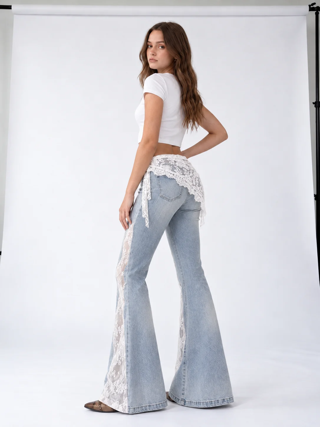 Lace Wrap Flare Jeans on model 8