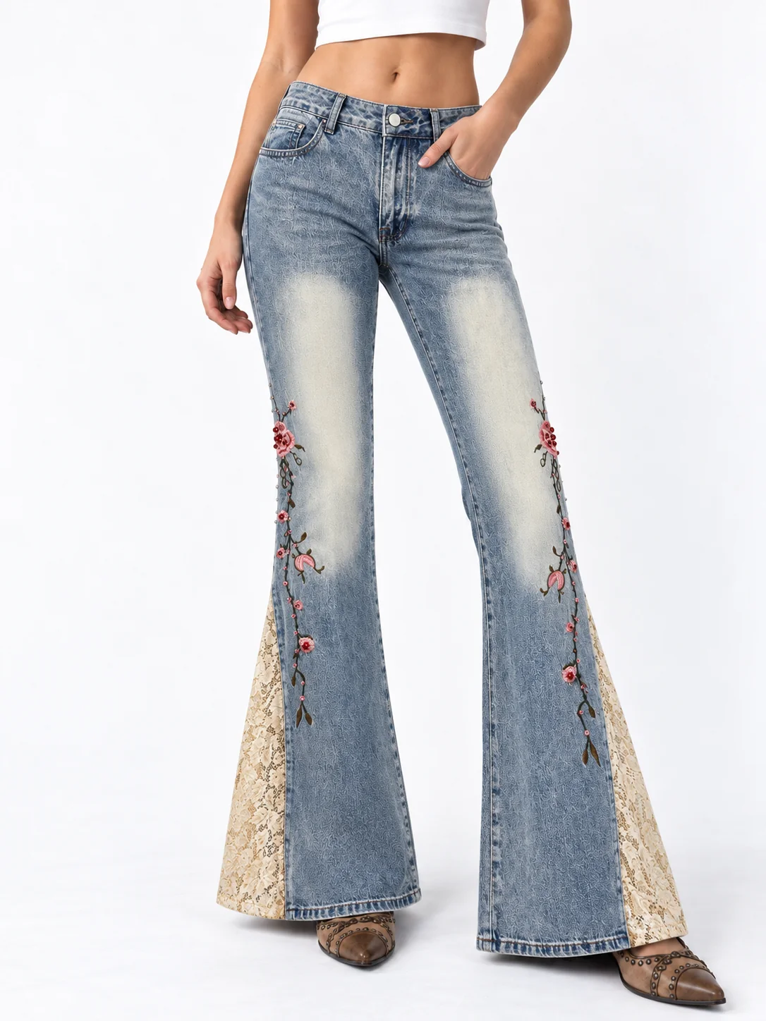 Rosebud Lace Flare Jeans on model 5