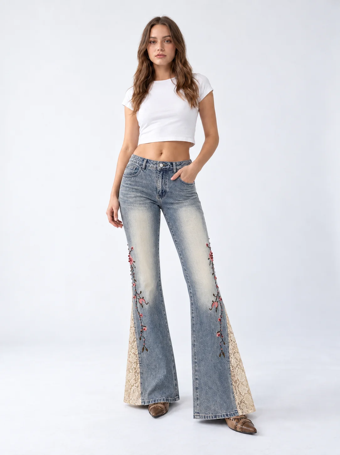Rosebud Lace Flare Jeans on model 4