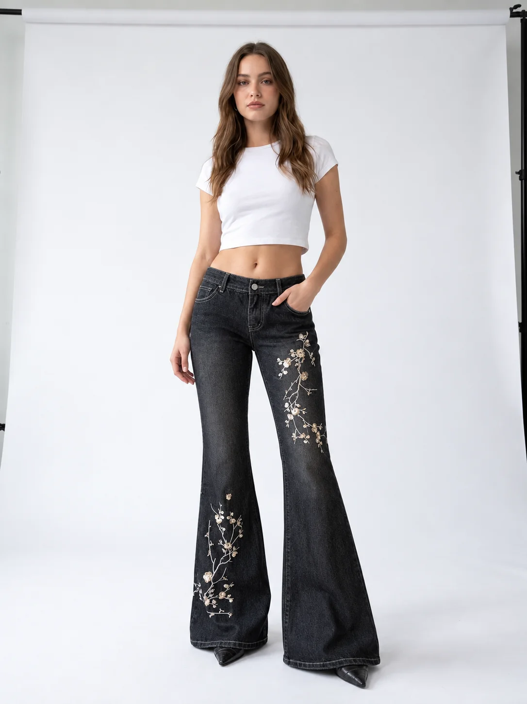 Onyx Blossom Flare Jeans on model 5