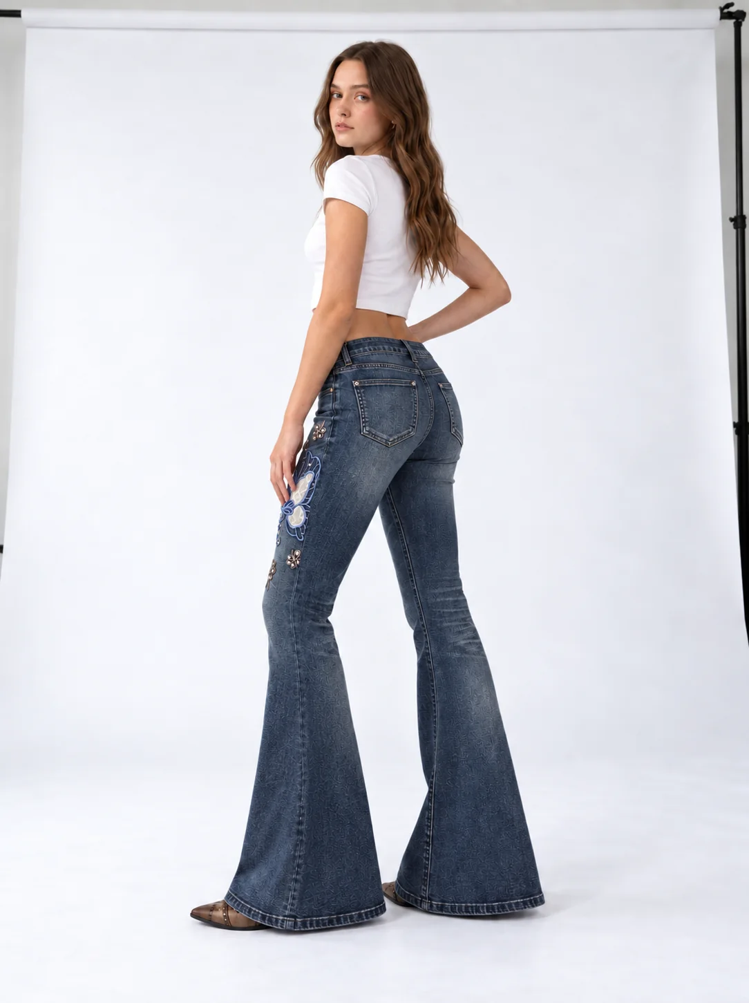 Azure Butterfly Flare Jeans on model 6