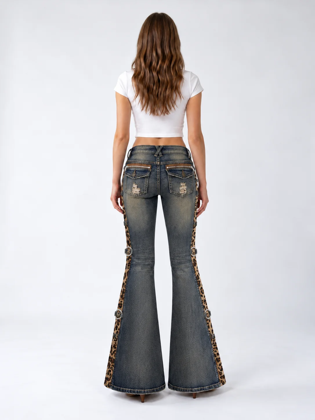 Leopard Rivet Flare Jeans on model 5