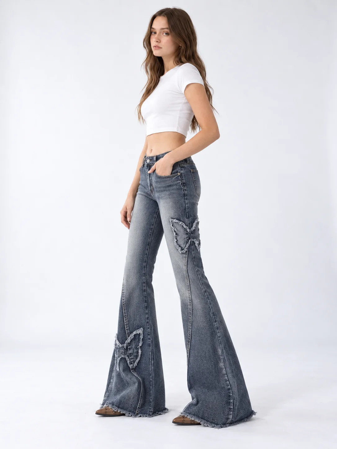 Butterfly Patch Flare Jeans on model 7