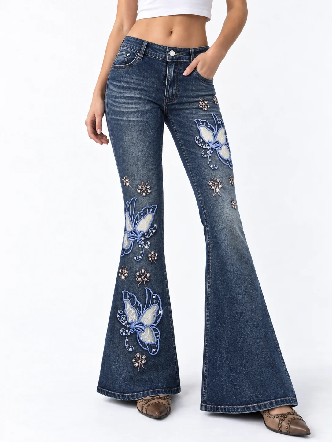 Azure Butterfly Flare Jeans on model 5