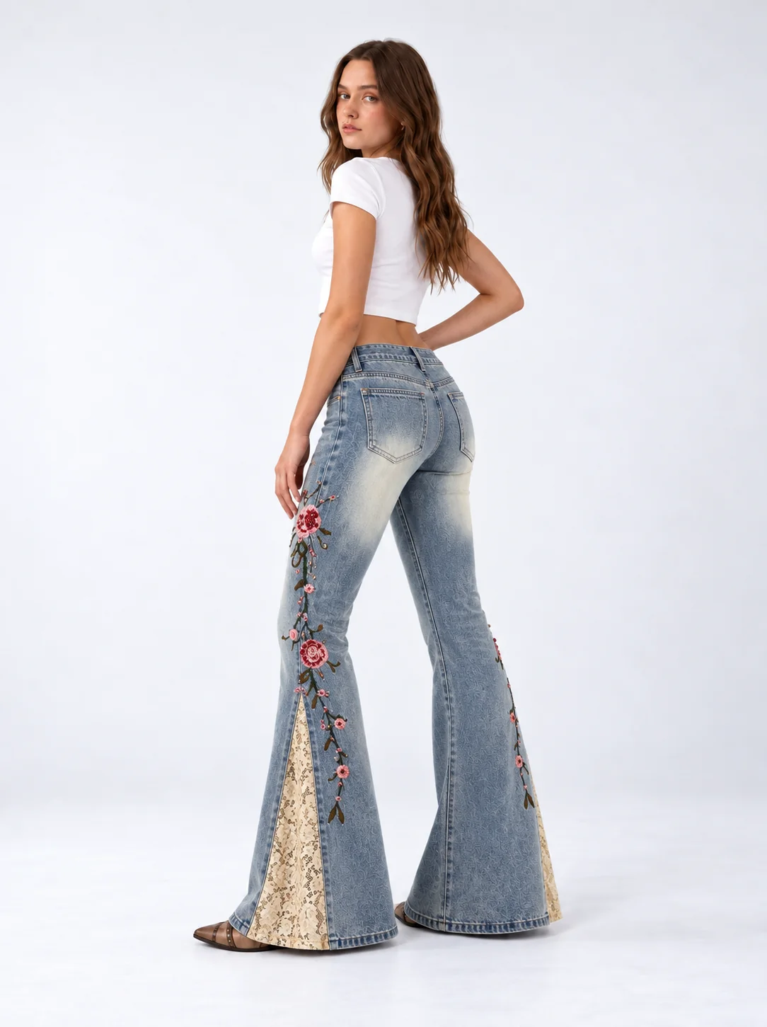 Rosebud Lace Flare Jeans on model 6