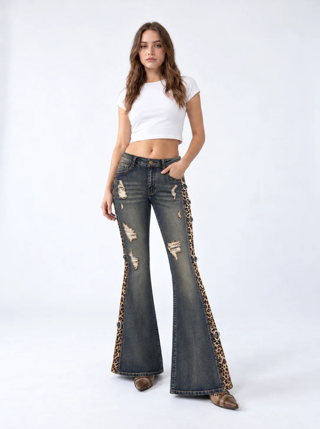 Leopard Rivet Flare Jeans on model 4