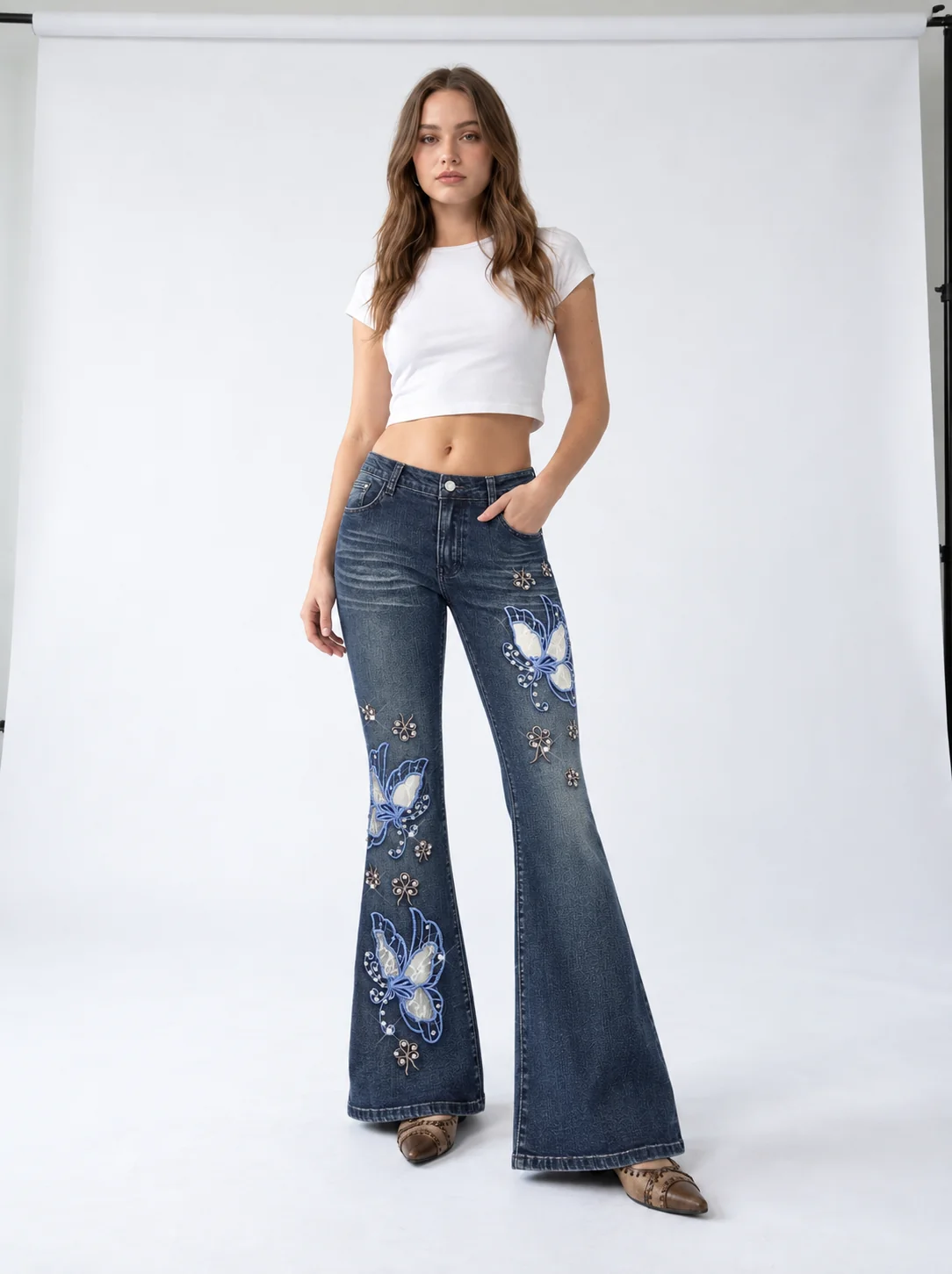 Azure Butterfly Flare Jeans on model 4